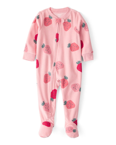 1-Piece Strawberry Fleece Footie Pajamas - Pink