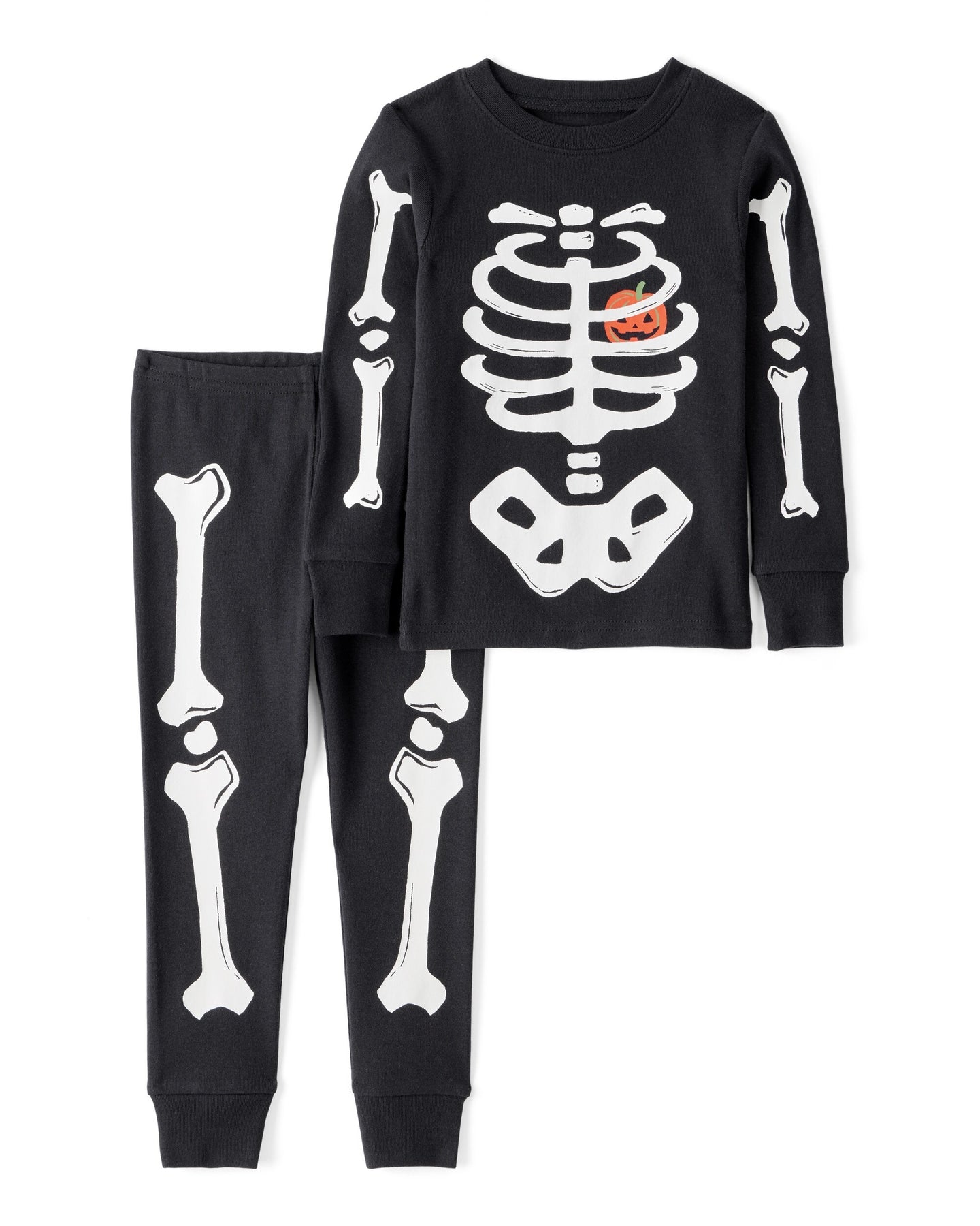 2-Piece Glow Skeleton Halloween 100% Snug Fit Cotton Pajamas - Black