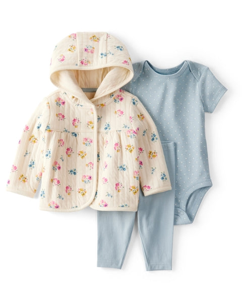 3-Piece Floral Quilted Little Jacket Set - Ivory/Blue