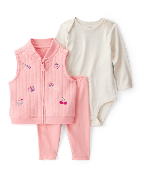 3-Piece Fruit Embroidered Little Vest Set - Pink/Ivory