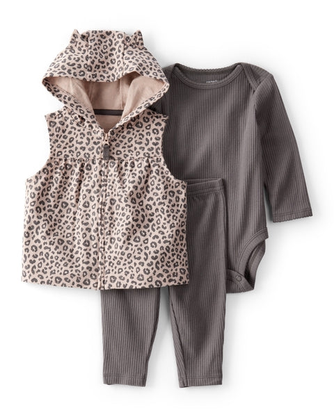 3-Piece Leopard Little Vest Set - Brown
