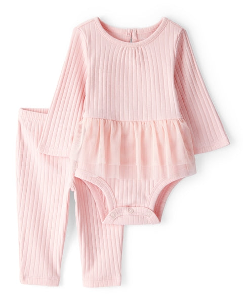 2-Piece Ribbed Tutu Bodysuit Pant Set - Pink