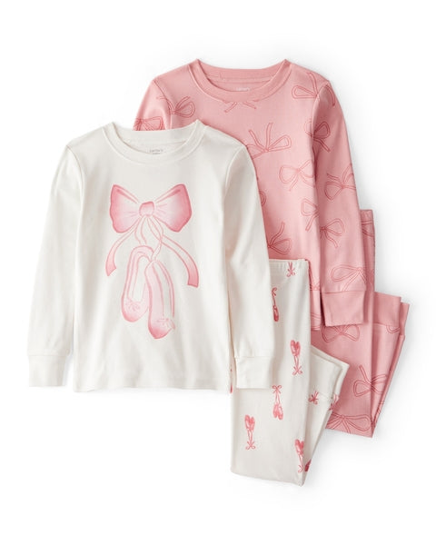 Ballet Print 100% Cotton Long-Sleeve 4-Piece Pajamas - Pink/White