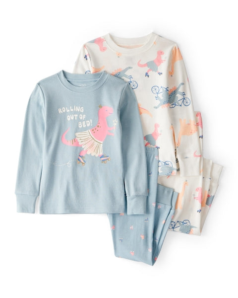 Dinosaur Print 100% Cotton Long-Sleeve 4-Piece Pajamas - Blue/White
