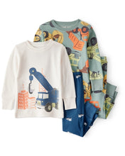 Cargar imagen en el visor de la galería, Construction Print 100% Cotton Long-Sleeve 4-Piece Pajamas - Blue/White/Navy
