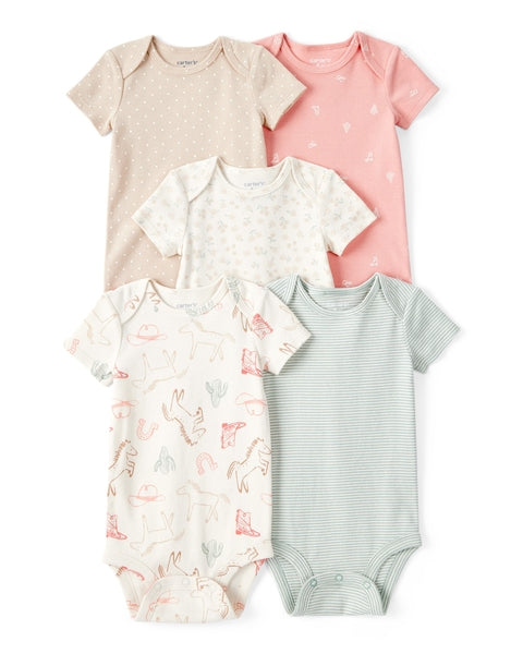 5-Pack Cowgirl Print Cotton Multipack Bodysuits - White/Blue/Pink