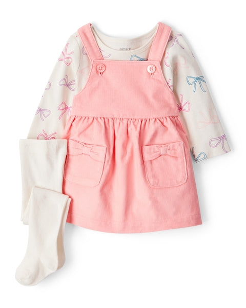 3-Piece Bow Heart Print Long-Sleeve Dress Set - Ivory/Pink