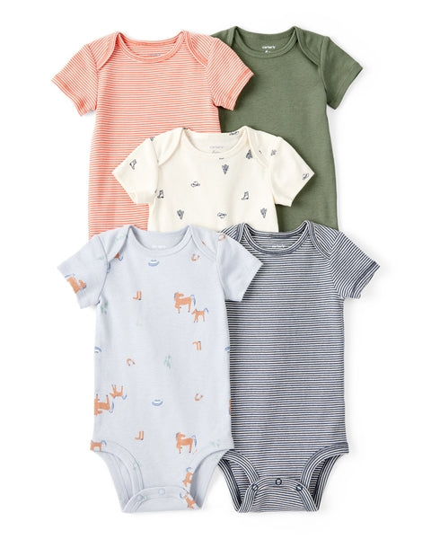 5-Pack Cowboy Print Cotton Multipack Bodysuits - Blue/White/Orange/Green