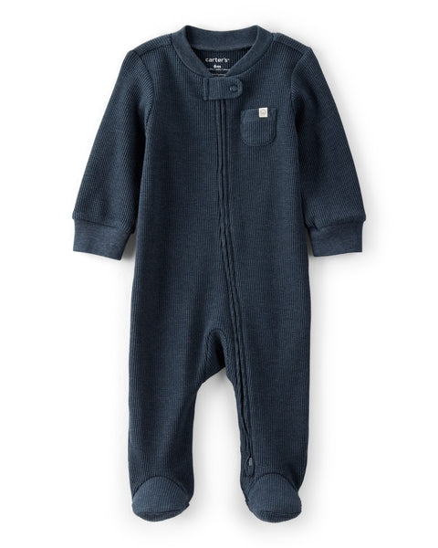 Solid Cotton Long-Sleeve 2-Way Zip Sleep & Play Pajamas - Navy