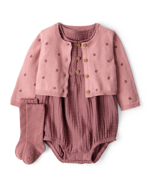 3-Piece Acorn Print Short-Sleeve Dress Set - Pink