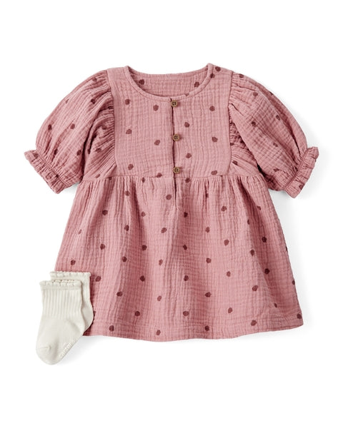 2-Piece Acorn Print Short-Sleeve Dress Set - Pink