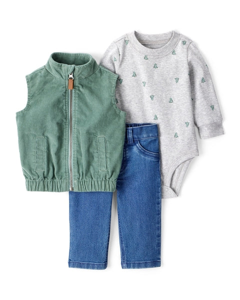 3-Piece Corduroy Vest; Bodysuit & Pant Set - Green