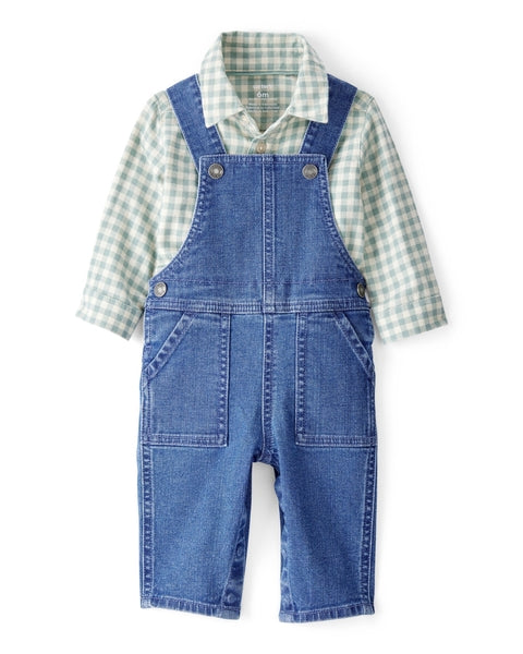 Checkered Print Bodysuit Overall Set - Blue/Green