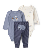 Cargar imagen en el visor de la galería, 3-Piece Elephant Print Long-Sleeve Bodysuit &amp; Pant Set - Blue/White
