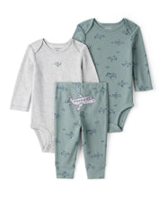 Cargar imagen en el visor de la galería, 3-Piece Airplane Print Long-Sleeve Bodysuit &amp; Pant Set - Blue
