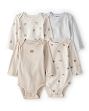 Cargar imagen en el visor de la galería, 4-Pack Snack Time Long-Sleeve Multipack Bodysuits - Blue/White/Brown

