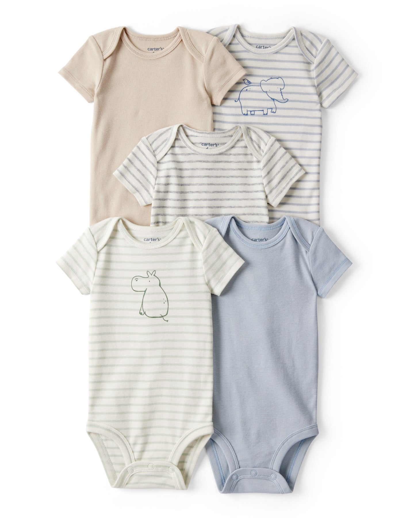 5-Pack Hippo Multipack Bodysuits - Brown/Blue/White