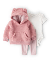 Cargar imagen en el visor de la galería, 3-Piece Bear Sherpa Long-Sleeve Bodysuit &amp; Pant Set - Pink
