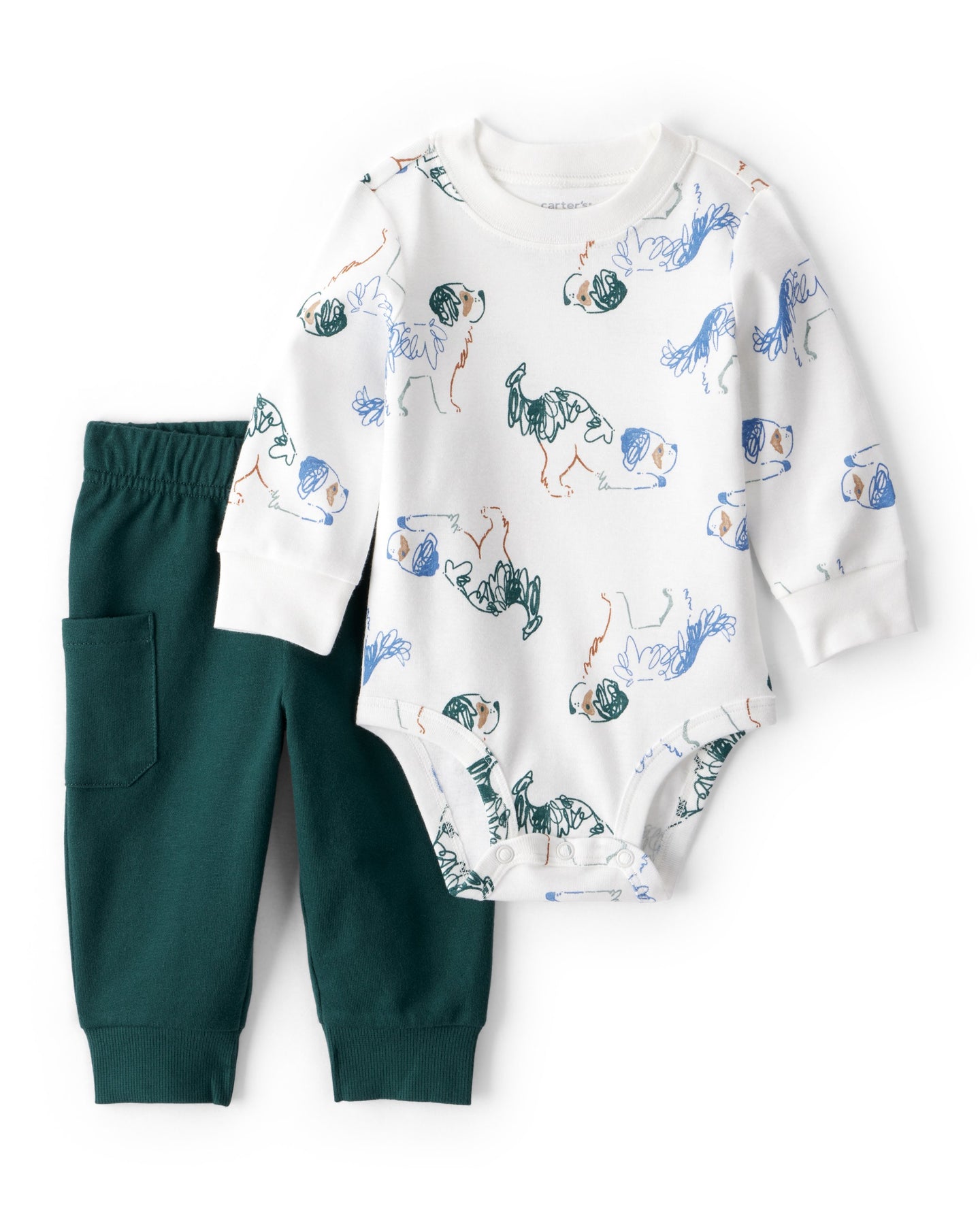 2-Piece Dog Print Bodysuit & Pant Set - White/Green