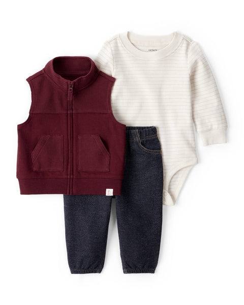 3-Piece Long-Sleeve Bodysuit; Vest & Denim Pant Set