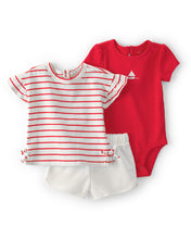 Cargar imagen en el visor de la galería, 3-Piece Sailboat Short-Sleeve Top; Bodysuit &amp; Short Set - Red/White
