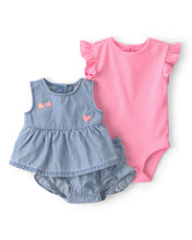 Cargar imagen en el visor de la galería, 3-Piece Cherry Chambray Sleeveless Top; Bodysuit &amp; Short Set - Pink/Blue

