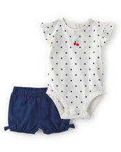 Cargar imagen en el visor de la galería, 2-Piece Cherry Polka Dots Short-Sleeve Bodysuit &amp; Short Set - White/Blue
