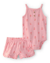 Cargar imagen en el visor de la galería, 2-Piece Floral Short-Sleeve Bodysuit &amp; Short Set - Pink/White
