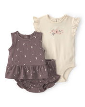 Cargar imagen en el visor de la galería, Baby Girl 3-Piece Floral Top, Bodysuit &amp; Short Set - Brown/Ivory
