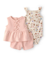 Cargar imagen en el visor de la galería, Baby Girl 3-Piece Floral Top, Bodysuit &amp; Short Set - Pink/Cream
