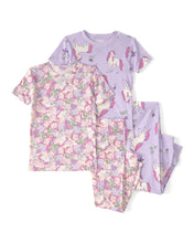 Cargar imagen en el visor de la galería, Unicorn Floral 100% Cotton Snug Fit 4-Piece Pajama Set - Pink/Purple

