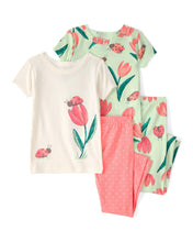 Cargar imagen en el visor de la galería, Ladybug Floral 100% Cotton Snug Fit 4-Piece Pajama Set - Pink/Green
