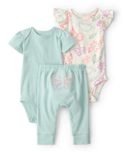 Cargar imagen en el visor de la galería, 3-Piece Butterfly Bodysuits &amp; Pant Set - Blue/Ivory
