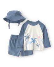 Cargar imagen en el visor de la galería, 3-Piece Palm Tree Long-Sleeve Rashguard Swimsuit Set - Blue/White
