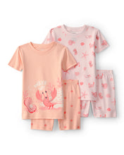 Cargar imagen en el visor de la galería, Seashells 100% Cotton Short-Sleeve Snug Fit 4-Piece Pajama Set - Pink/Orange
