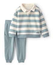 Cargar imagen en el visor de la galería, 2-Piece Striped Fleece Henley Top &amp; Pant Set - Blue/Cream
