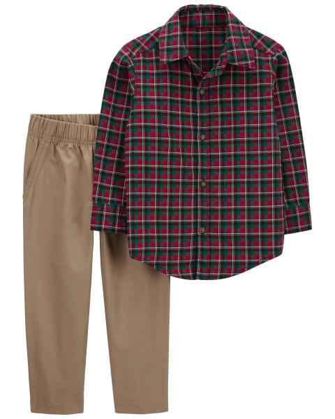 2-Piece Plaid Button-Front Shirt & Pant Set