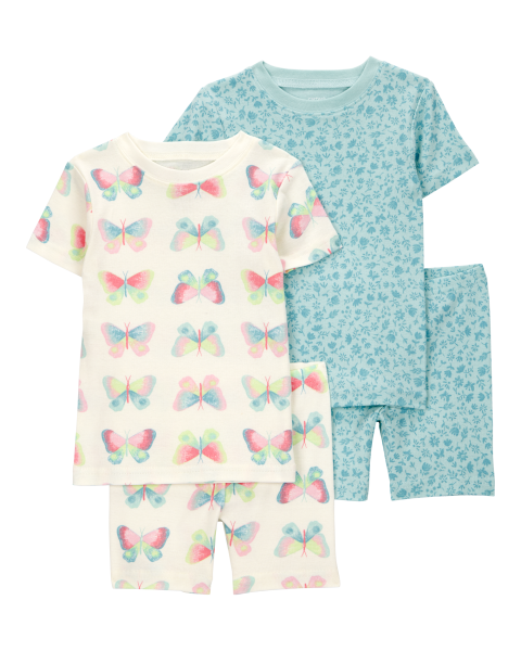 Butterfly Print Snug Fit Cotton 4-Piece Pajamas