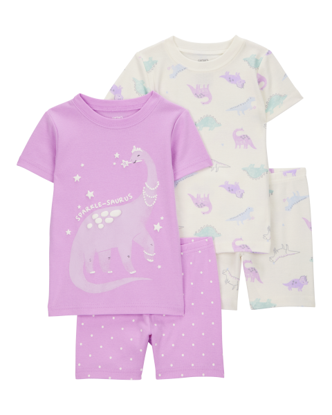 Dinosaur Print Snug Fit Cotton 4-Piece Pajamas