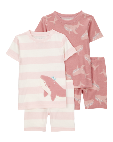 Whale Striped Snug Fit Cotton 4-Piece Pajamas