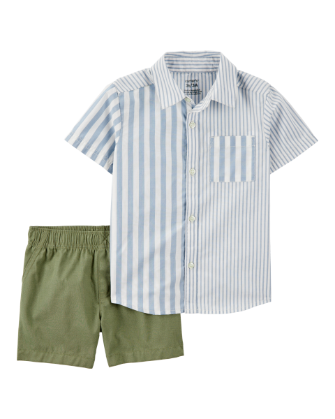 2-Piece Striped Button-Front Shirt & Short Set