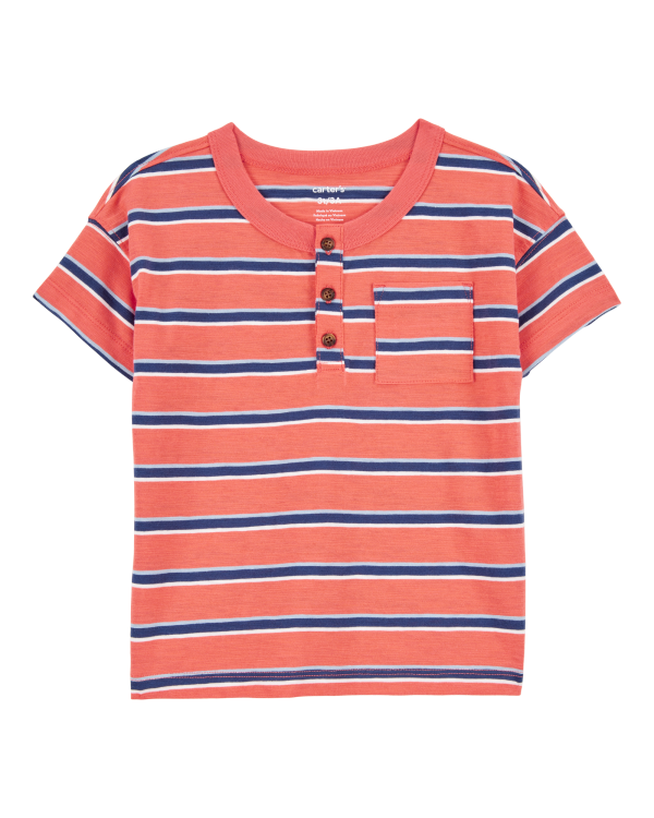 Striped Woven Short-Sleeve Henley - Orange