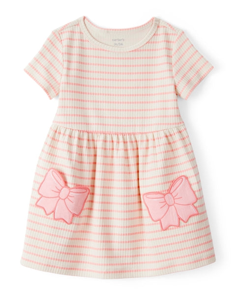 Bows Striped Short-Sleeve Dress - Pink/White
