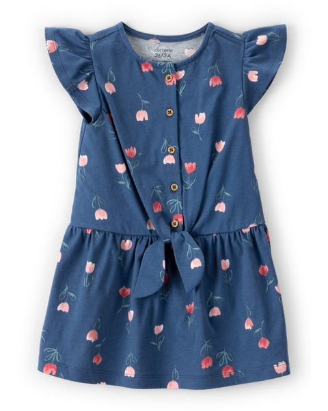 Floral Button-Front Flutter Sleeve Dress - Blue