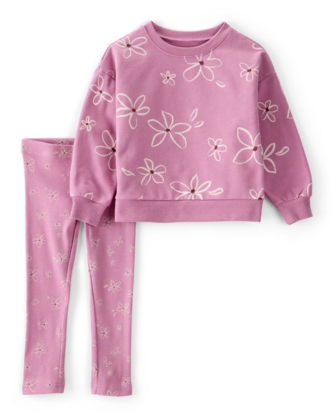 2-Piece Floral Cotton Long-Sleeve Tee & Pant Set - Purple
