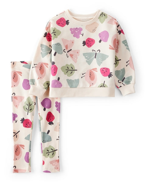 Butterfly Fruit Print Cotton Long-Sleeve Tee & Pant Set - White