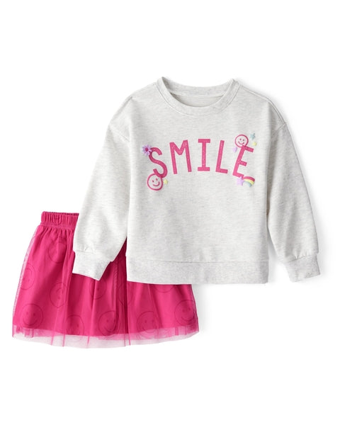 Smile Long-Sleeve Top & Tulle Skirt Set - Grey/Pink