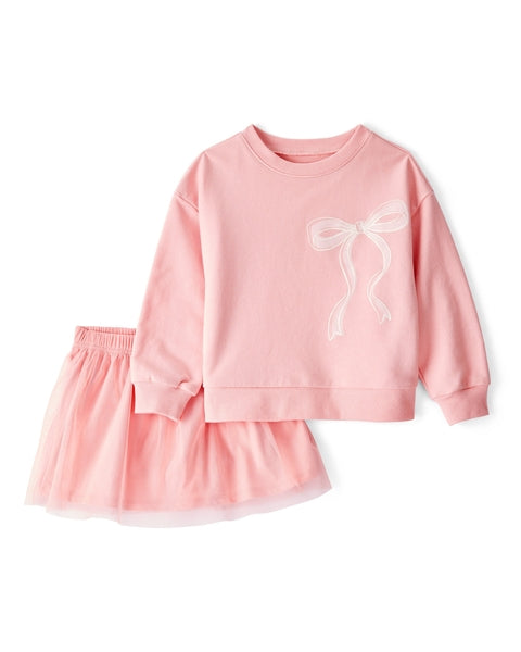 Bow Long-Sleeve Top & Tulle Skirt Set - Pink