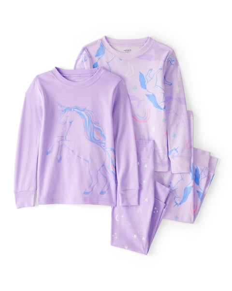 Unicorn Print Snug Fit Cotton 4-Piece Pajamas