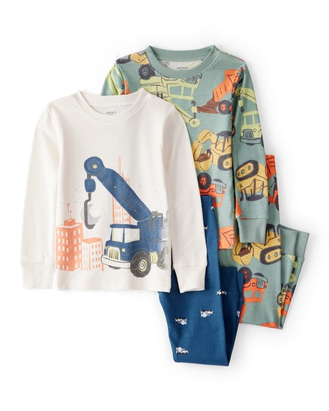 Construction Print 100% Cotton Long-Sleeve 4-Piece Pajamas - Blue/Navy/White